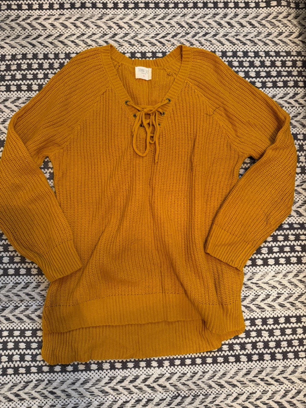 SIENNA SKY Lace-Up V-Neck Sweater in Mustard Gold